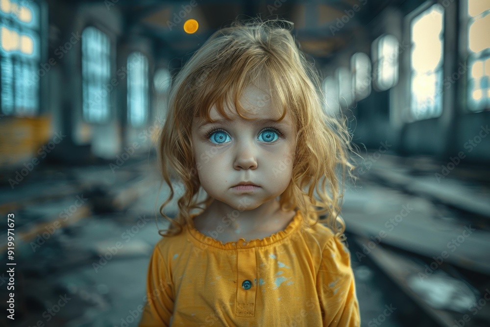 A young girl with blue eyes looks intently at the camera. AI. A young girl with blue eyes looks intently at the camera. AI.