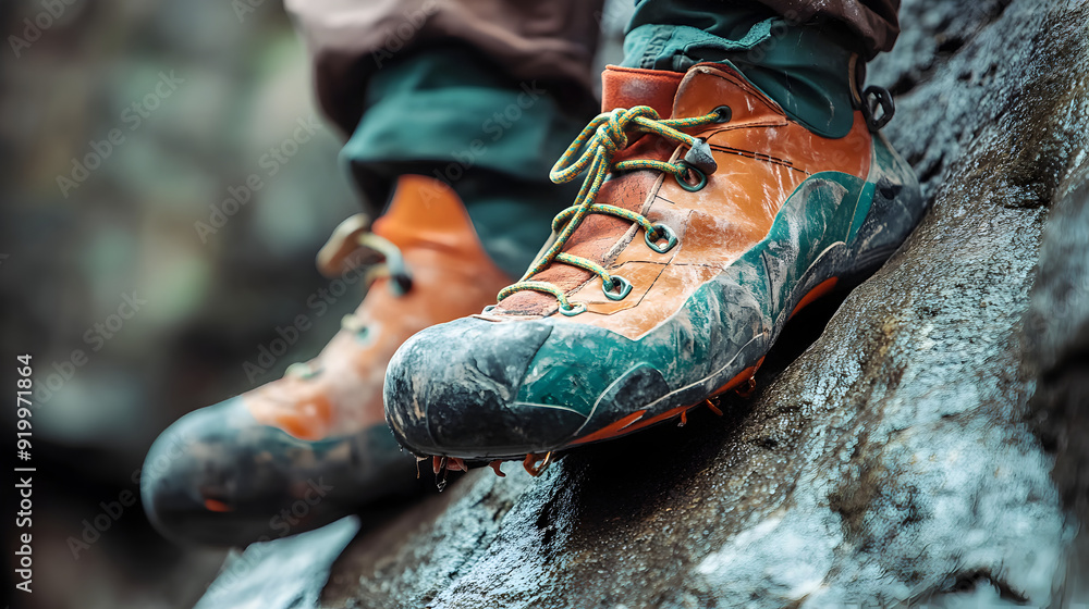 A rock climber’s feet in climbing shoes placed firmly on a small ledge, with the texture of the rock and the climber’s harness visible up close.
A rock climber’s feet in climbing shoes placed firmly on a small ledge, with the texture of the rock and the climber’s harness visible up close.