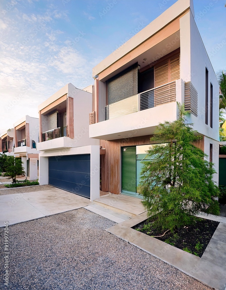 This image features contemporary modular townhouses with a sleek, cream-colored exterior, generative ai This image features contemporary modular townhouses with a sleek, cream-colored exterior, generative ai