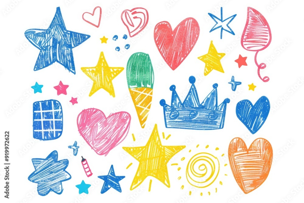Illustration of a crown with stars, hearts, and other symbols Illustration of a crown with stars, hearts, and other symbols