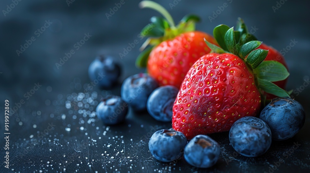 Strawberries and blueberries on black table. Juicy bright berries. Summer harvest. Vitamin and antioxidant concept. Summer dessert concept. Strawberry and blueberry on dark background, close up Strawberries and blueberries on black table. Juicy bright berries. Summer harvest. Vitamin and antioxidant concept. Summer dessert concept. Strawberry and blueberry on dark background, close up