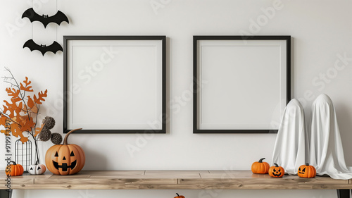 Mock up frame on the wall in a modern luxury minimalist living room with halloween decorations photo