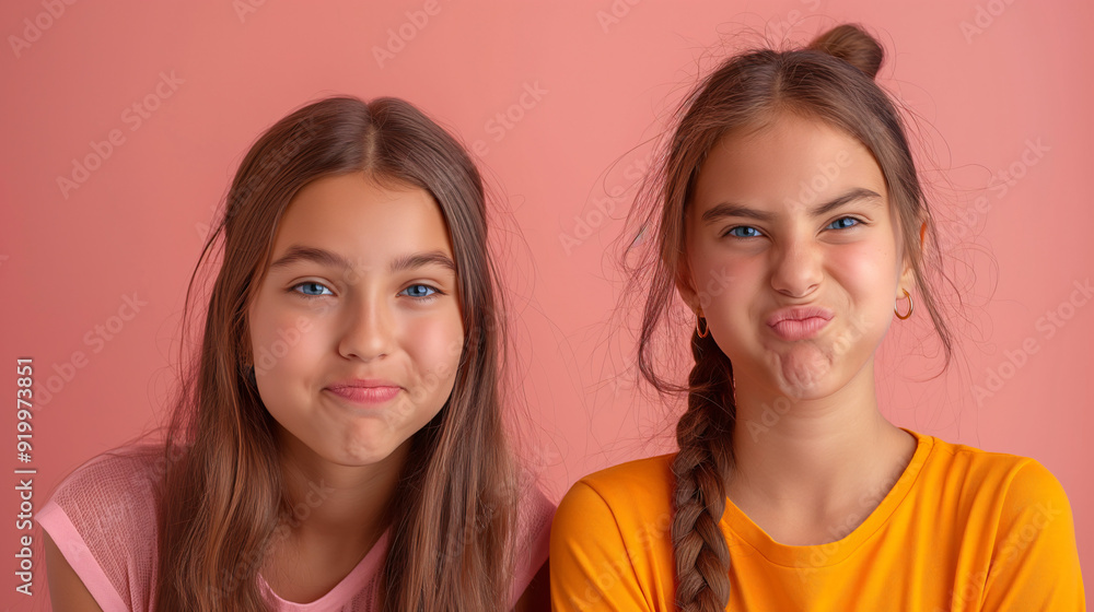 Two girls share a light-hearted moment while pulling silly faces, showcasing their playful friendship and vibrant personalities Two girls share a light-hearted moment while pulling silly faces, showcasing their playful friendship and vibrant personalities