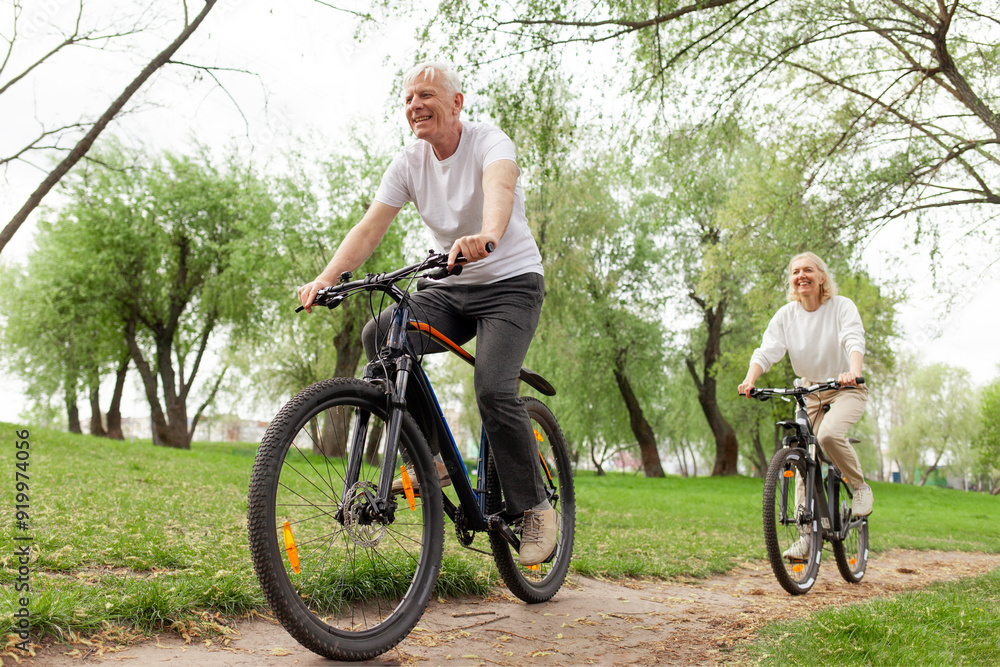 Obraz premium elderly senior couple rides bicycle in the park in the summer and smiles, old gray-haired man and woman are actively resting outdoors, old people practice cycling in forest