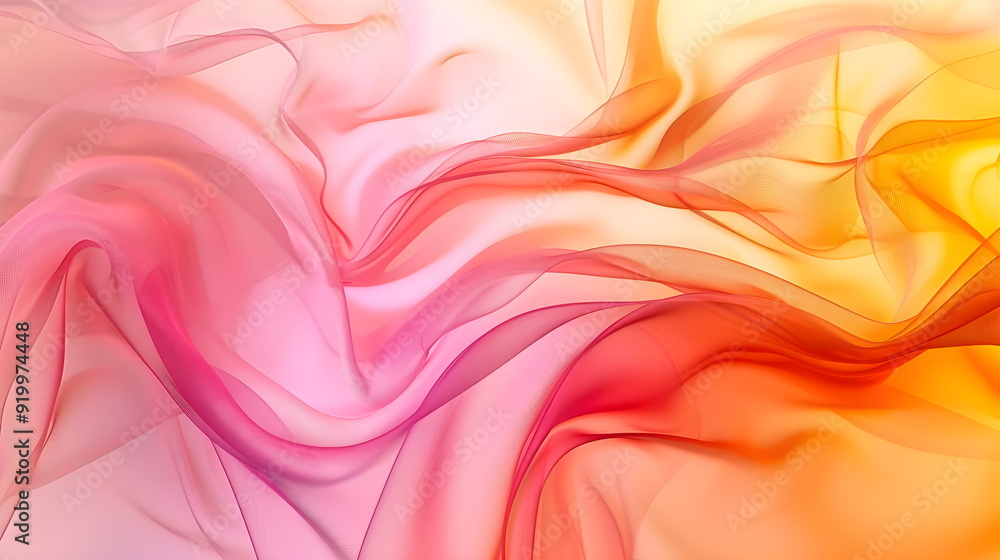 Obraz premium Abstract waves in iridescent light bright autumn shades, orange, yellow, red, pink. Waves of smoke or fabric flying in the wind. Iridescent fabric, holographic texture. Banner background 