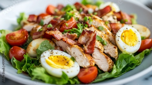 A chicken Cobb salad is topped with crisp fresh lettuce, cherry tomatoes, bacon, and hardboiled eggs.