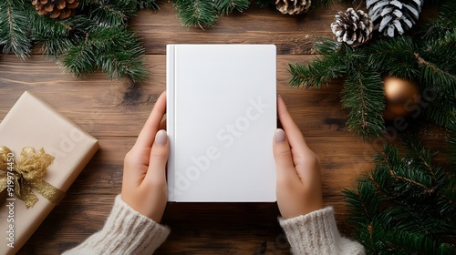 Hands holding book cover mockup on Christmas holiday photo