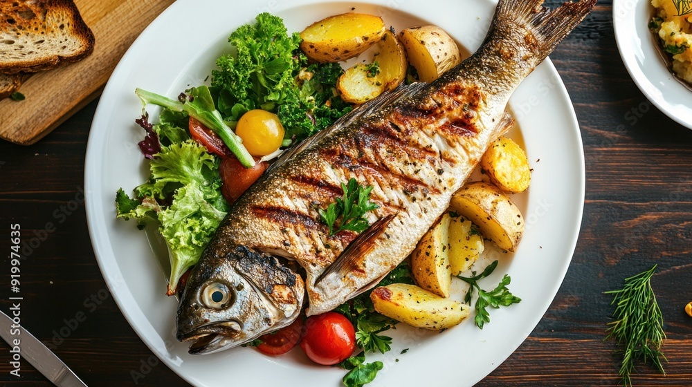 A wooden table with fried potatoes, toast, and vegetables is topped with a white plate holding a fish steak. A wooden table with fried potatoes, toast, and vegetables is topped with a white plate holding a fish steak.