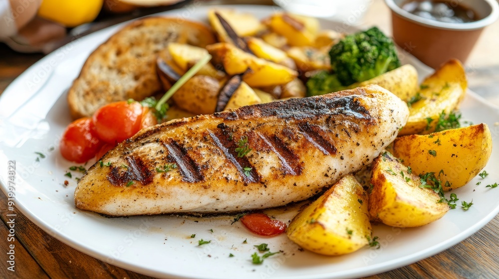 A wooden table with fried potatoes, toast, and vegetables is topped with a white plate holding a fish steak. A wooden table with fried potatoes, toast, and vegetables is topped with a white plate holding a fish steak.