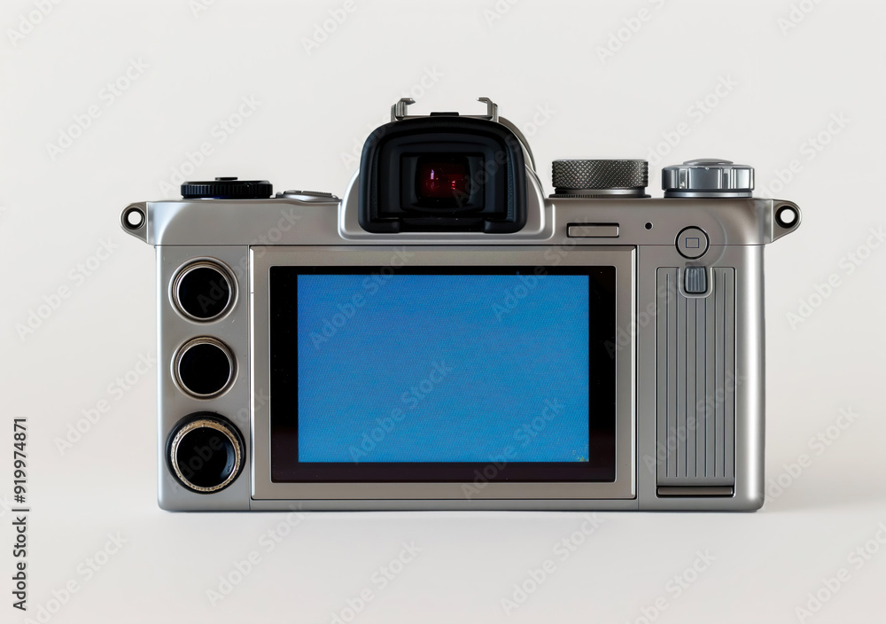 old silver plastic digital photo camera with a empty blue screen on a white background. old silver plastic digital photo camera with a empty blue screen on a white background.
