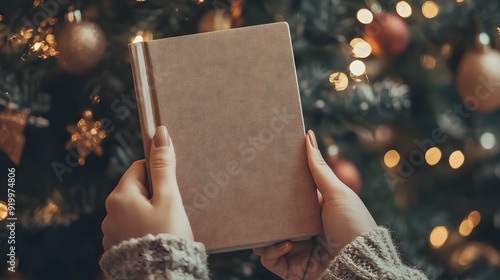 Hands holding book cover mockup on Christmas holidayHands holding book cover mockup on Christmas holiday photo