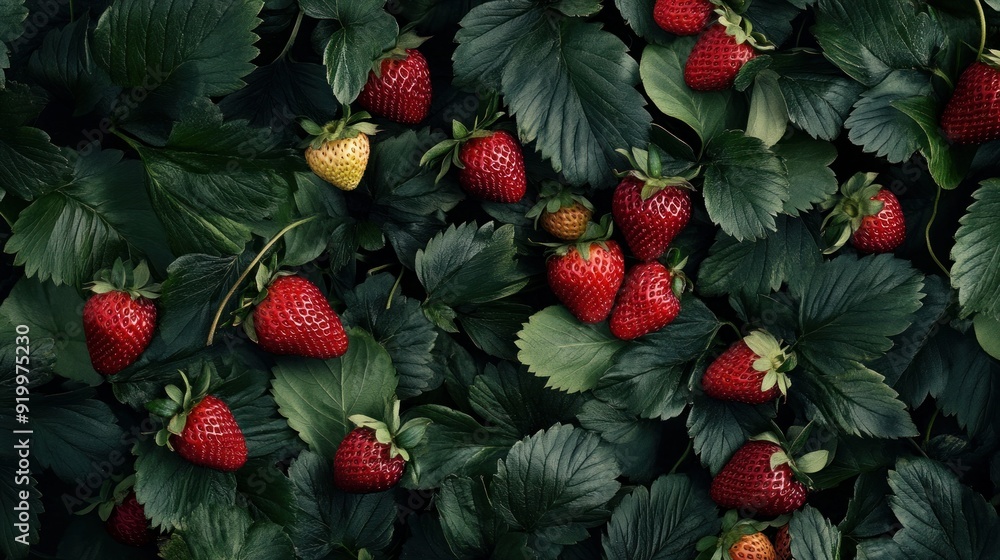 Background of strawberries. Red fruit background with leaves encircling strawberries. Top view of fresh berries. Perfect strawberry; actual image Background of strawberries. Red fruit background with leaves encircling strawberries. Top view of fresh berries. Perfect strawberry; actual image
