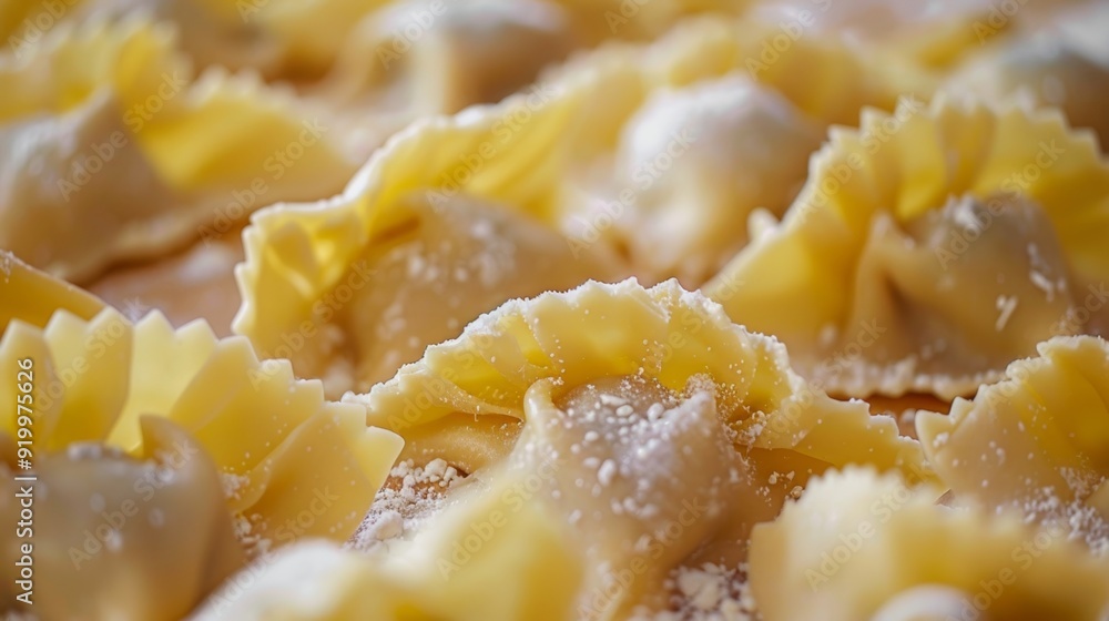 A closeup of handformed pasta dumplings with intricate folds and creases ready to be cooked to perfection. A closeup of handformed pasta dumplings with intricate folds and creases ready to be cooked to perfection.