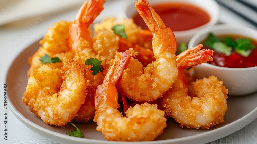 Authentic crispy breaded Chinese shrimp accompanied by a fiery red sauce Authentic crispy breaded Chinese shrimp accompanied by a fiery red sauce