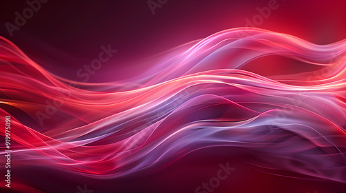 Close-up illustration of abstract wavy wave in shades of pink, red and purple, with highlights that give it depth and movement. Dark blurred background. Waves of smoke or fabric flying in the wind