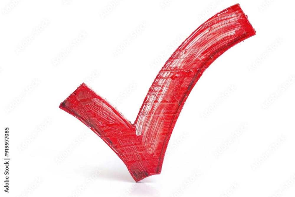 Simple design of a red check mark made of plastic on a white background ...