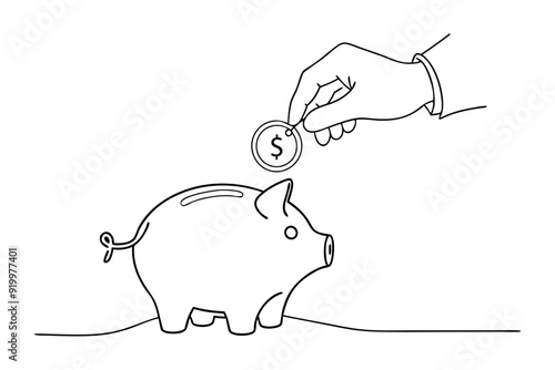 Hand Inserting Coin into Piggy Bank- Detailed Line Art Vector Illustration for Saving Money photo