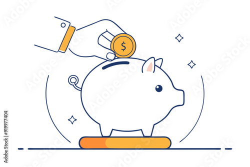 Hand Inserting Coin into Piggy Bank- Detailed Line Art Vector Illustration for Saving Money photo