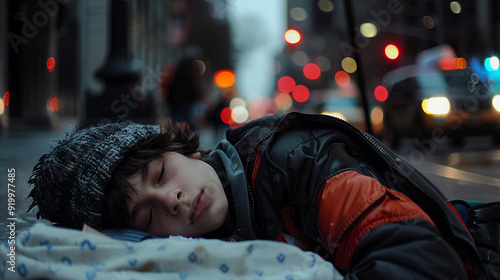 A homeless teen teenage runaway boy sleeping on a dirty side walk