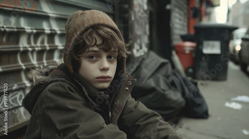 Teenage runaway young sad homeless teen boy sitting on a dirty city urban street sidewalk