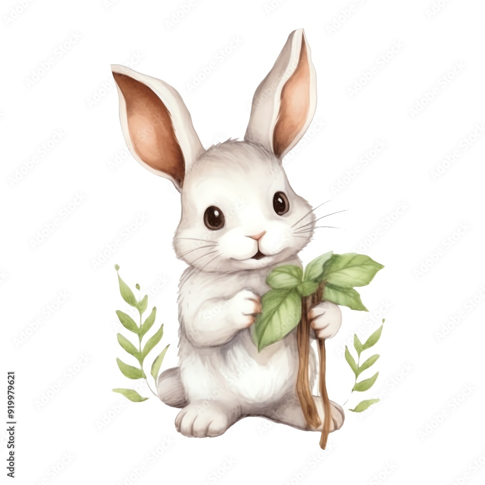 Obraz premium Cute watercolor rabbit with leaves and flowers illustration, woodland animals clipart