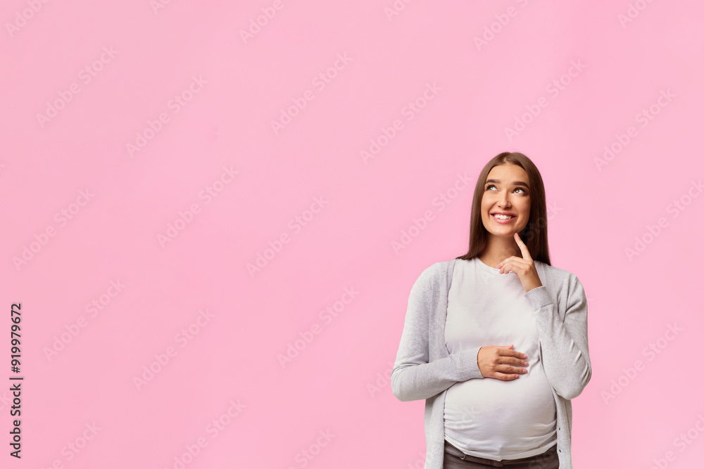 Mother-To-Be Dreams. Happy Pregnant Girl Dreaming About Child Standing Over White Studio Background. Free Space