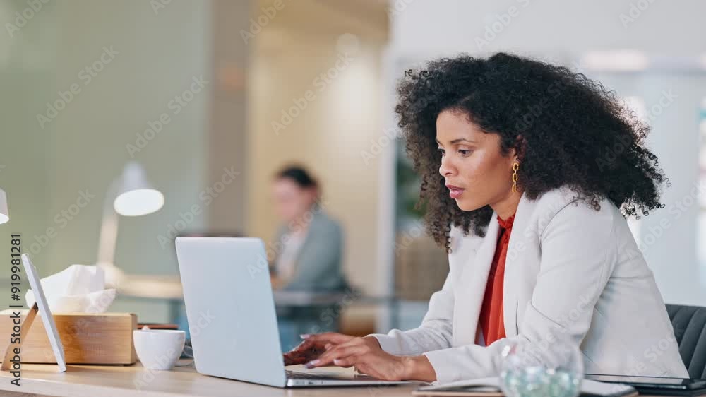 Tired and stressed female with a headache sitting at her desk inside a stylish office or creative startup agency. Exhausted and trendy business woman in pain while typing on a laptop, working late Tired and stressed female with a headache sitting at her desk inside a stylish office or creative startup agency. Exhausted and trendy business woman in pain while typing on a laptop, working late