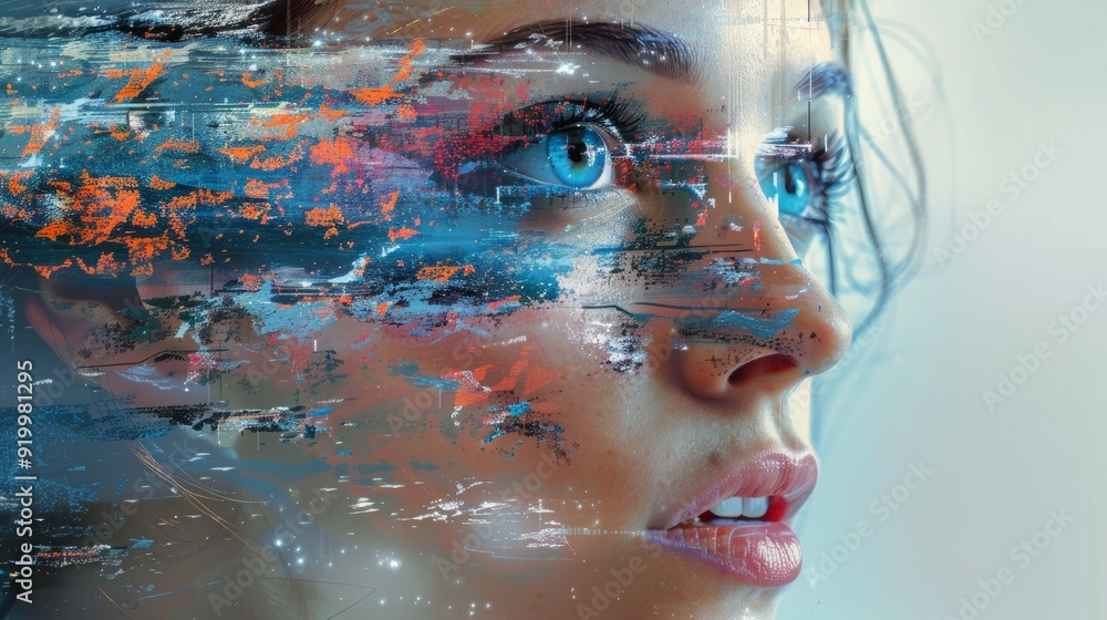 A woman with blue eyes in a vibrant abstract digital background highlights artistry A woman with blue eyes in a vibrant abstract digital background highlights artistry
