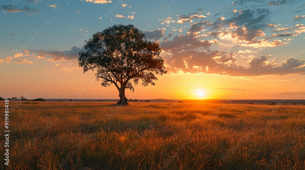 Fototapeta premium Sunset over open grassland with a lone tree in the foreground