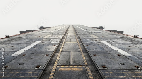 Aerial view of a long, empty aircraft carrier deck in a misty atmosphere at dawn