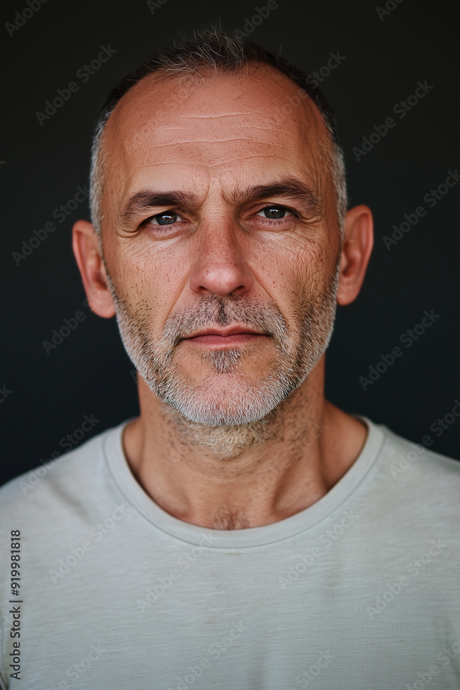 studio portrait of a man in his 40s, front mugshot, looking at the camera, facing the camera straight ahead, random face, random clothes studio portrait of a man in his 40s, front mugshot, looking at the camera, facing the camera straight ahead, random face, random clothes
