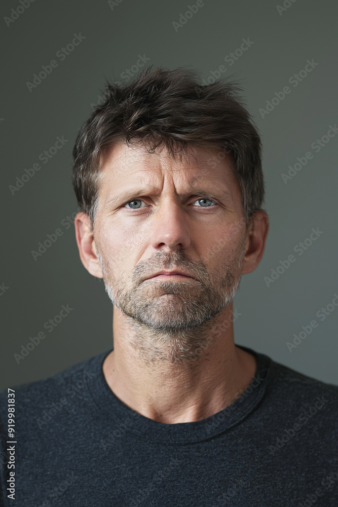 studio portrait of a man in his 40s, front mugshot, looking at the camera, facing the camera straight ahead, random face, random clothes studio portrait of a man in his 40s, front mugshot, looking at the camera, facing the camera straight ahead, random face, random clothes