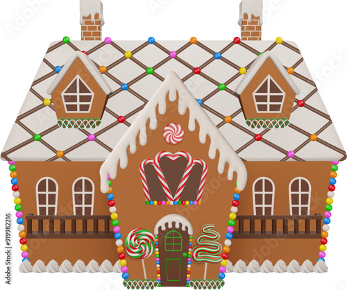 3d christmas gingerbread house front view. christmas house with cookies and candies	