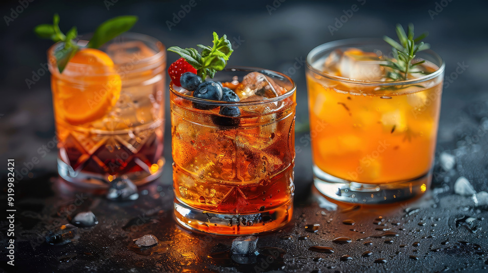 Craft Cocktail Trio: Artisanal Spirits Adorned with Fresh Herbs and Fruits, generative ai Craft Cocktail Trio: Artisanal Spirits Adorned with Fresh Herbs and Fruits, generative ai