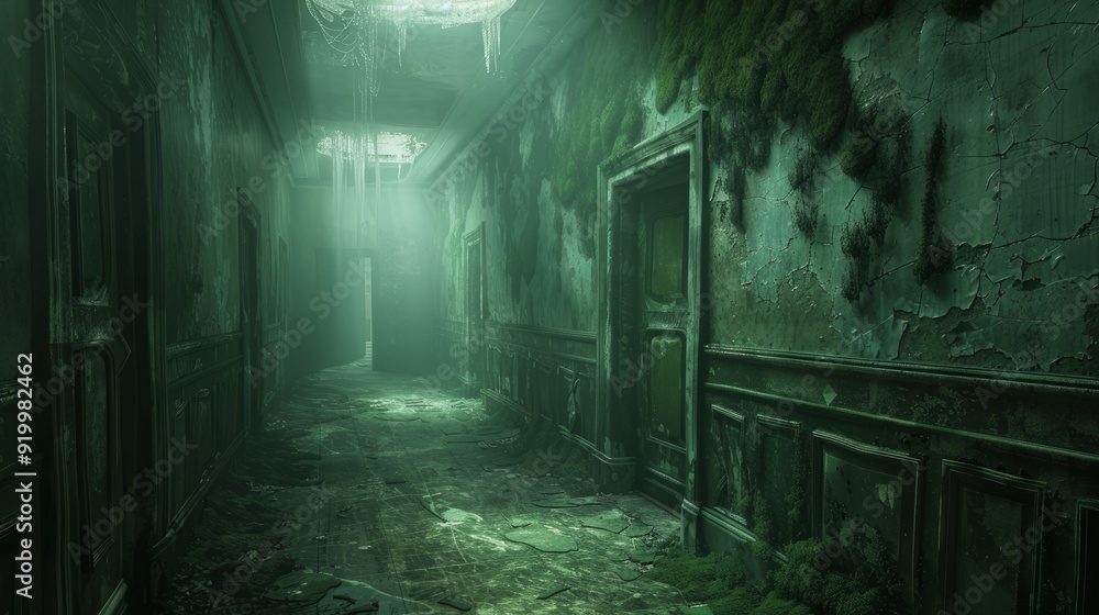 Abandoned corridor in a dilapidated building illuminated by mysterious green light Abandoned corridor in a dilapidated building illuminated by mysterious green light