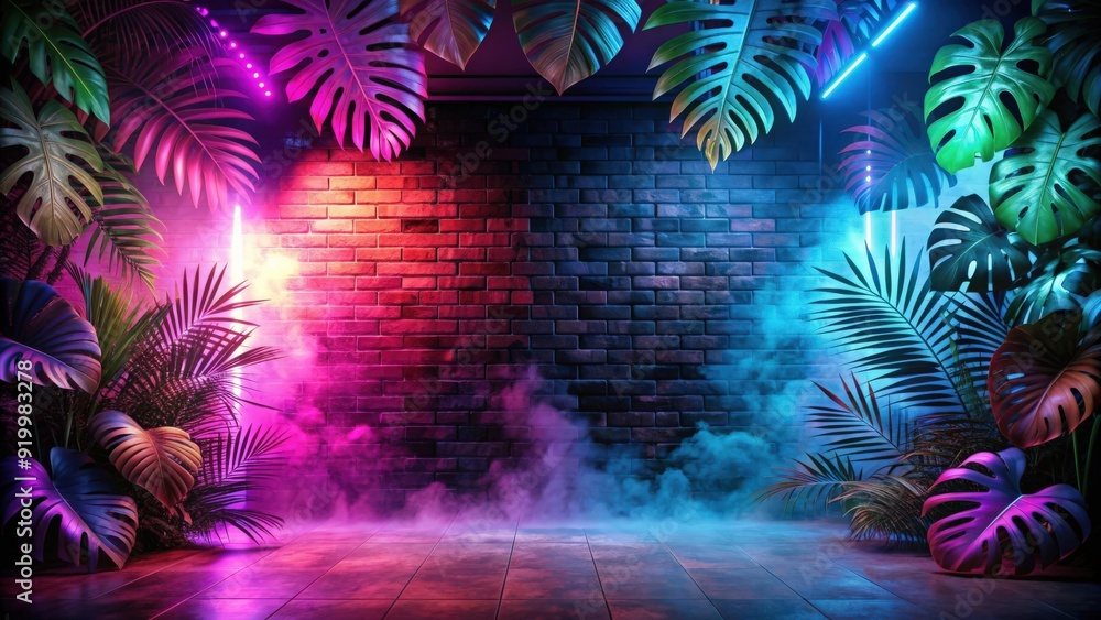 Empty room with brick walls, neon lights, silhouettes of tropical leaves, and colorful smoke Empty room with brick walls, neon lights, silhouettes of tropical leaves, and colorful smoke