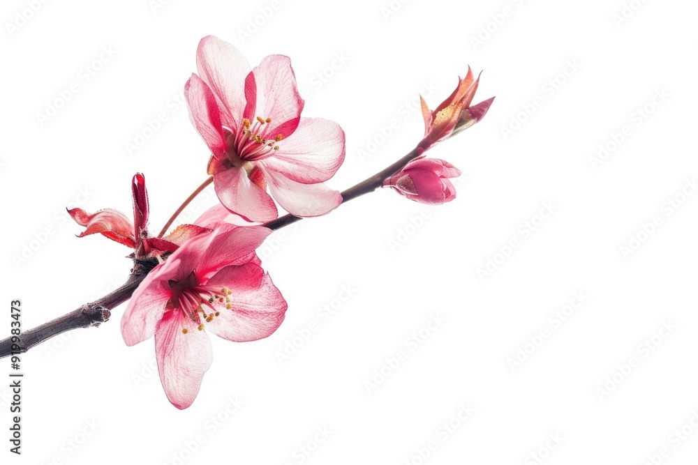 Obraz premium A close-up shot of a beautiful pink flower growing on a branch, perfect for floral or garden-themed designs