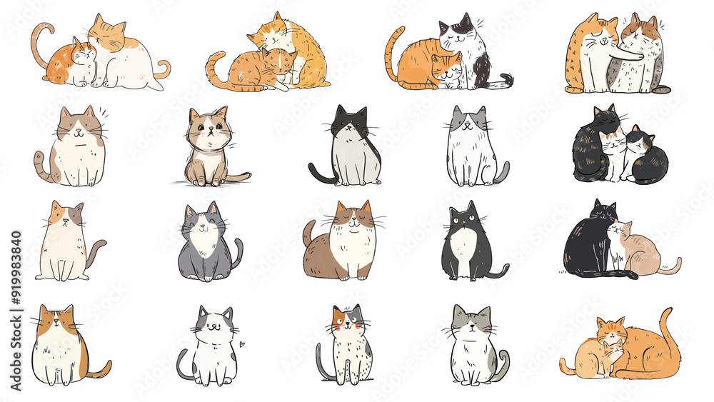 Fototapeta premium PNG adorable cat illustration element set, transparent background