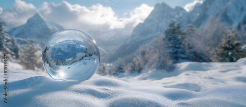 Lens / crystal / glass ball in an alpine snow landscape, high mountains in the background, mystical atmosphere. Landscape is reflected in the lens ball.