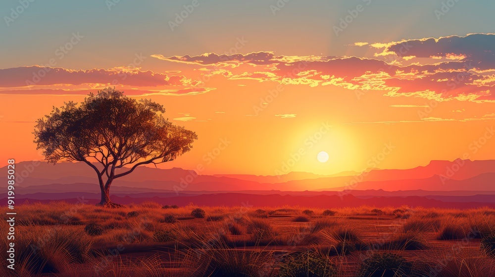 Sunset over a vast desert landscape with a solitary tree and distant mountains in warm colors Sunset over a vast desert landscape with a solitary tree and distant mountains in warm colors