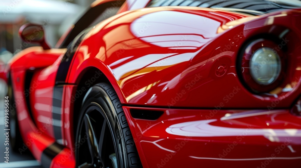 The bold and thick black racing stripe on a fiery red sports car gives the impression of a sleek rocket ready to blast off at any moment. The bold and thick black racing stripe on a fiery red sports car gives the impression of a sleek rocket ready to blast off at any moment.