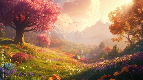 A colorful flower-filled landscape with intriguing trees, bathed in warm sunshine