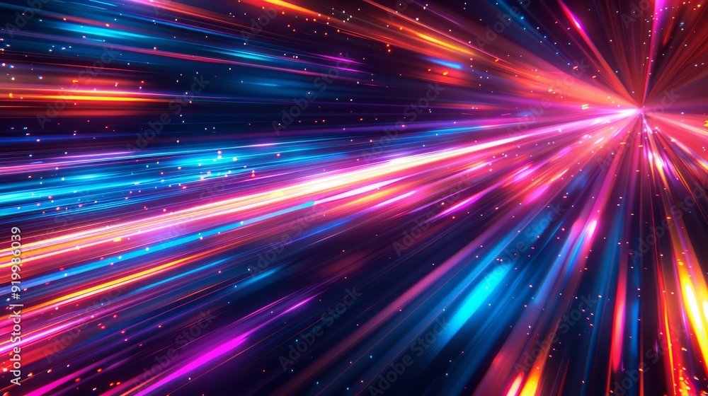 Colorful light beams radiating from a central point in a digital cosmic space Colorful light beams radiating from a central point in a digital cosmic space