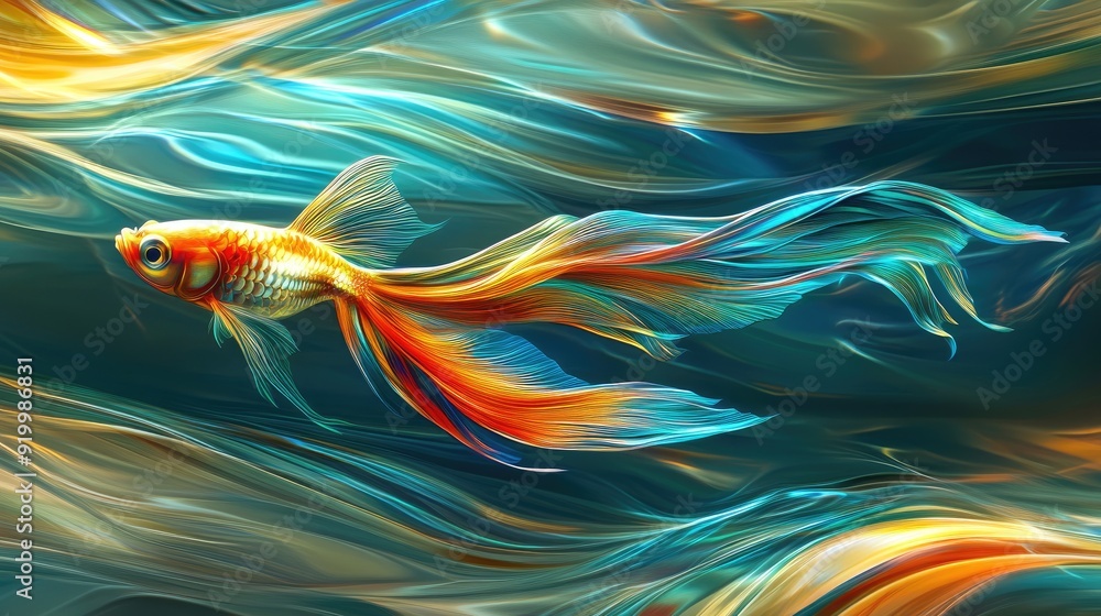 Stunning 3D golden fish with a long, colorful tail, gracefully navigating through swirling, vibrant wave forms Stunning 3D golden fish with a long, colorful tail, gracefully navigating through swirling, vibrant wave forms