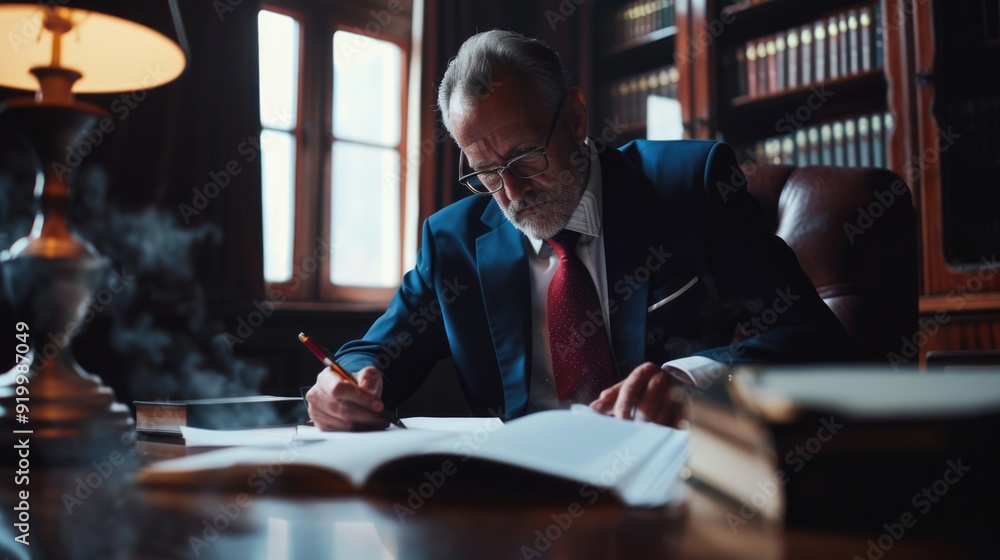 Man sitting at desk with pen and paper, focused on writing Man sitting at desk with pen and paper, focused on writing