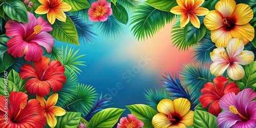 Vibrant postcard featuring hibiscus flowers with tropical foliage , hibiscus, postcard, tropical, flowers, vibrant, colorful