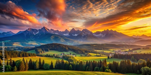 Fototapeta Naklejka Na Ścianę i Meble -  Vibrant summer sunsets and sunrises over the stunning High Tatras mountains in Poland and Slovakia, mountains, High Tatras
