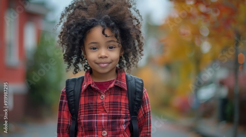 Young girl in a plaid shirt walks through an autumn neighborhood with colorful leaves