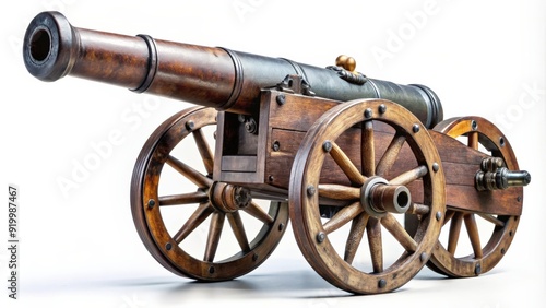 Ancient vintage medieval cannon isolated on white background. , cannon, weapon, historical, artillery, warfare