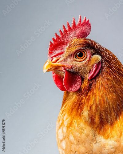 Close-Up Portrait of a Brown Chicken with Red Comb photo